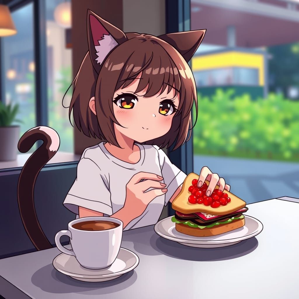 Anime Girl with Cat Features Enjoys Caviar Sandwich