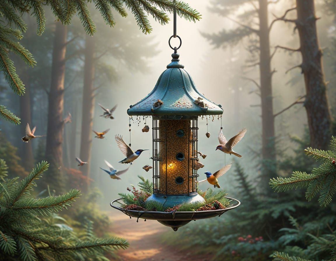Close-Up Bird Feeder in Forest, Ethereal Fantasy Style