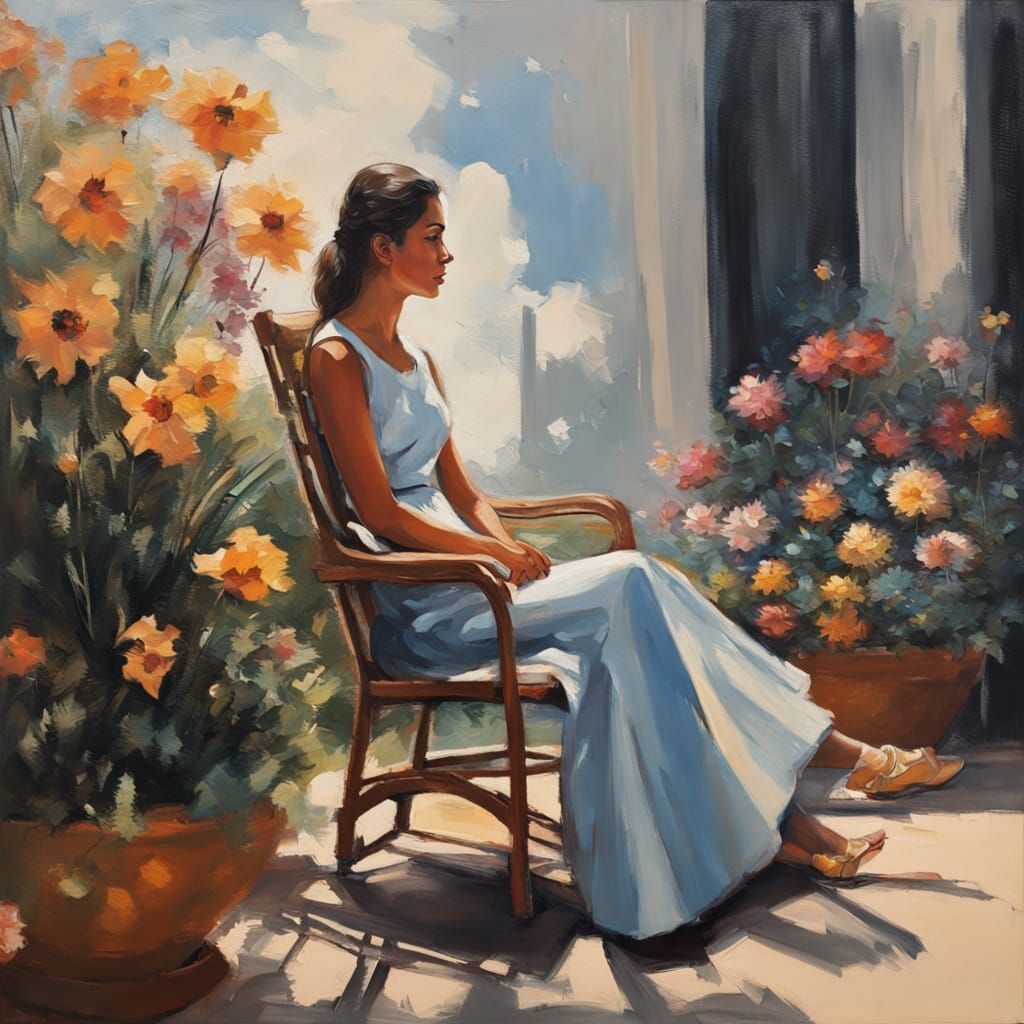 Woman in Garden with Rocket, Impressionist Oil Painting