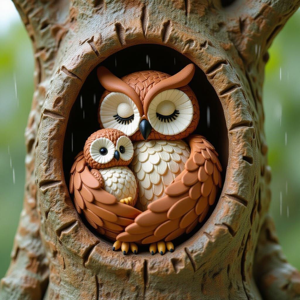 Terracotta Owl Mother and Baby in Clay Tree