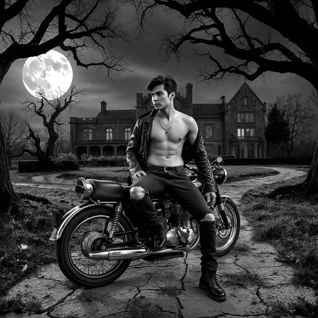 Gothic Motorcycle Portrait: Man Poses by Decrepit Mansion