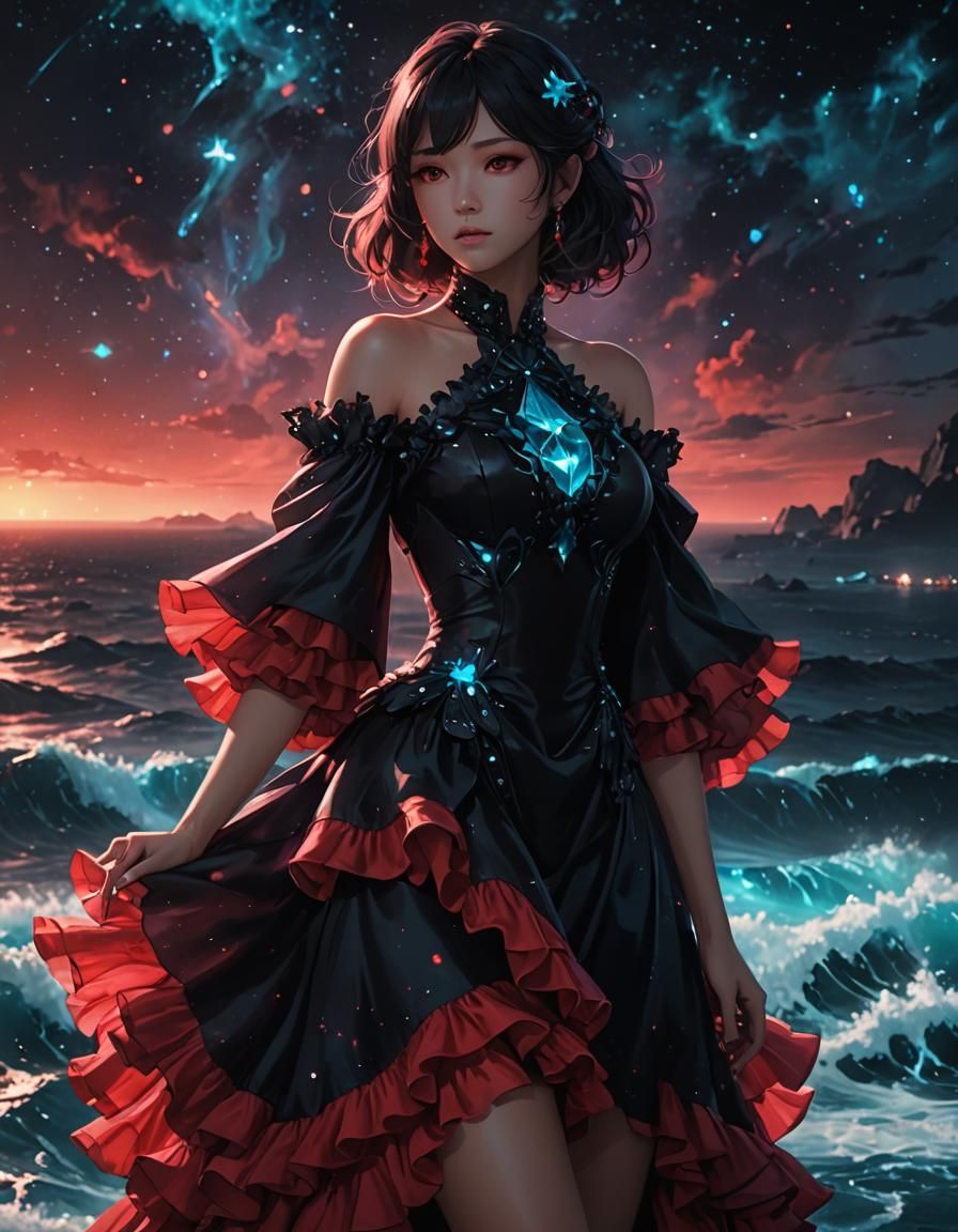 Anime Girl in Bioluminescent Ocean, Nebula Sky