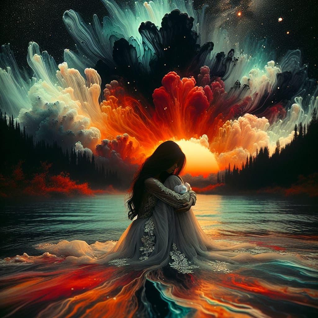 Woman in Water with Alcohol Ink Sunset Halo