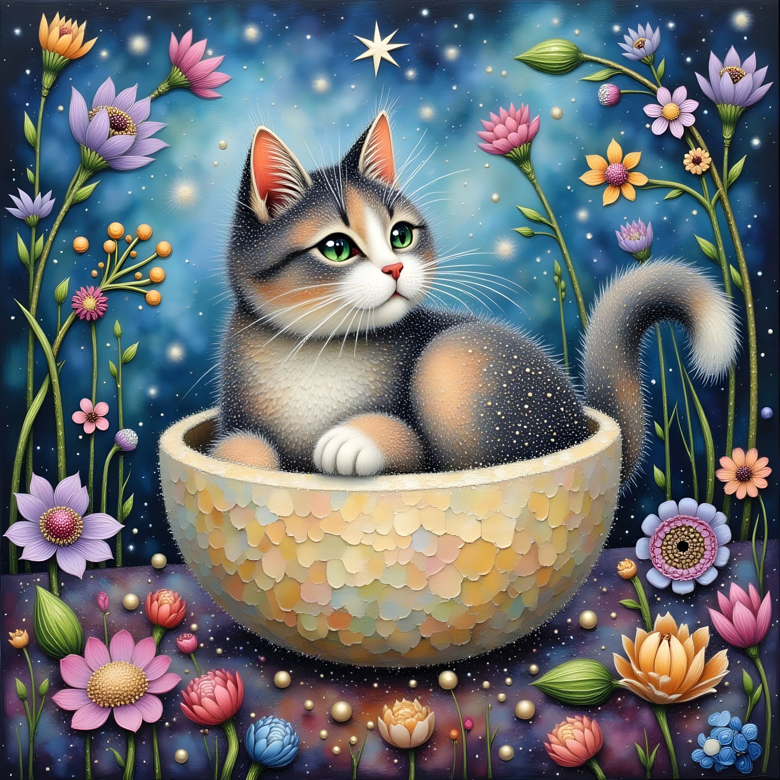 Whimsical Impasto Cat in Dreamlike Fantasy
