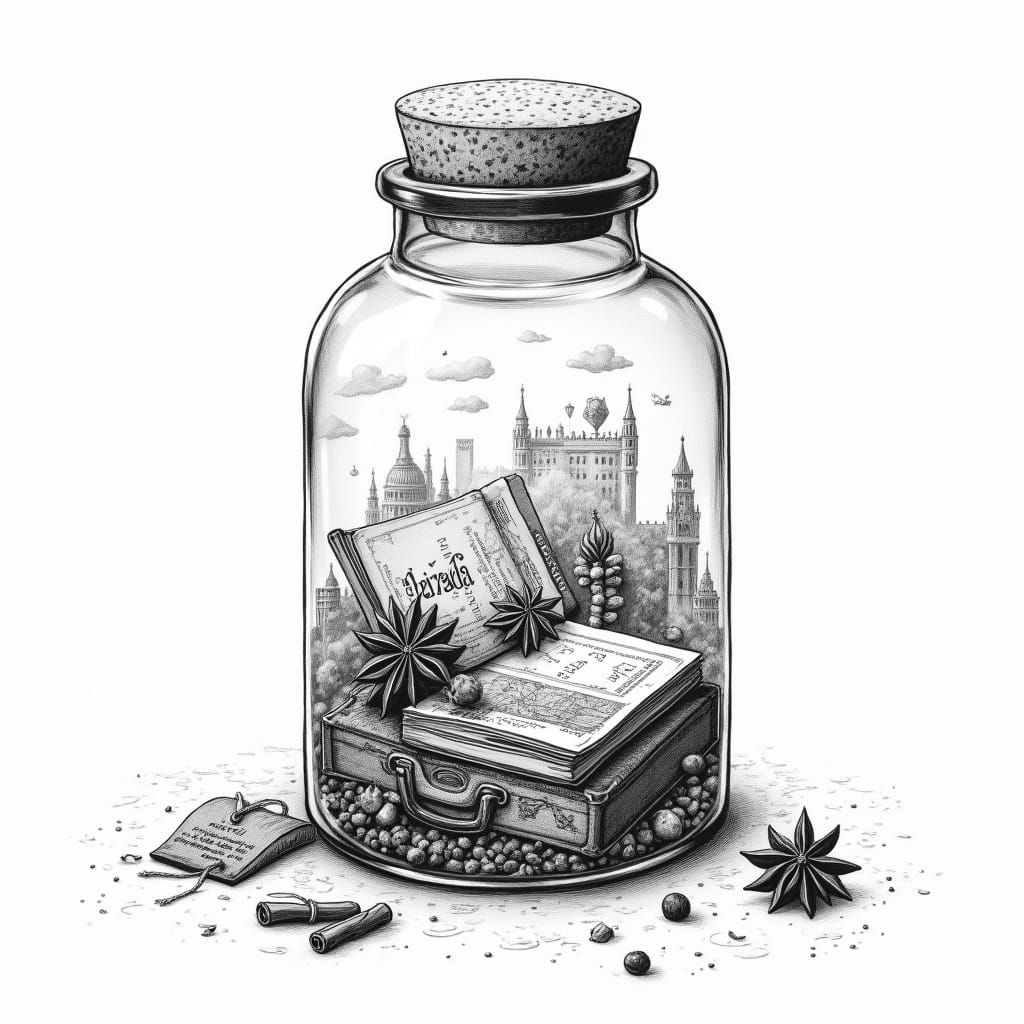 Whimsical Traveler's Vessel in Monochromatic Ink