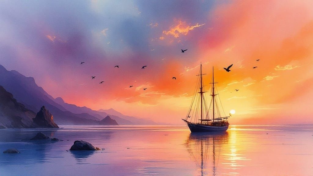 Turner-Klee Seascape with Serene Ship and Radiant Sunset