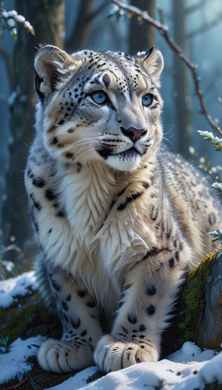 Snow Leopard Cub in Winter Forest as Digital Art