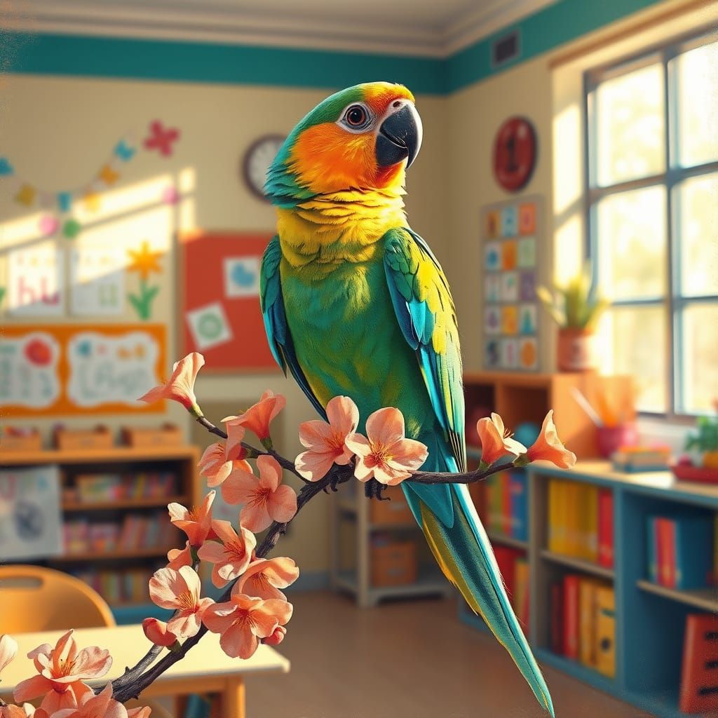 Vibrant Parrot Perched in Sunlit Classroom with Chalk Pastel...