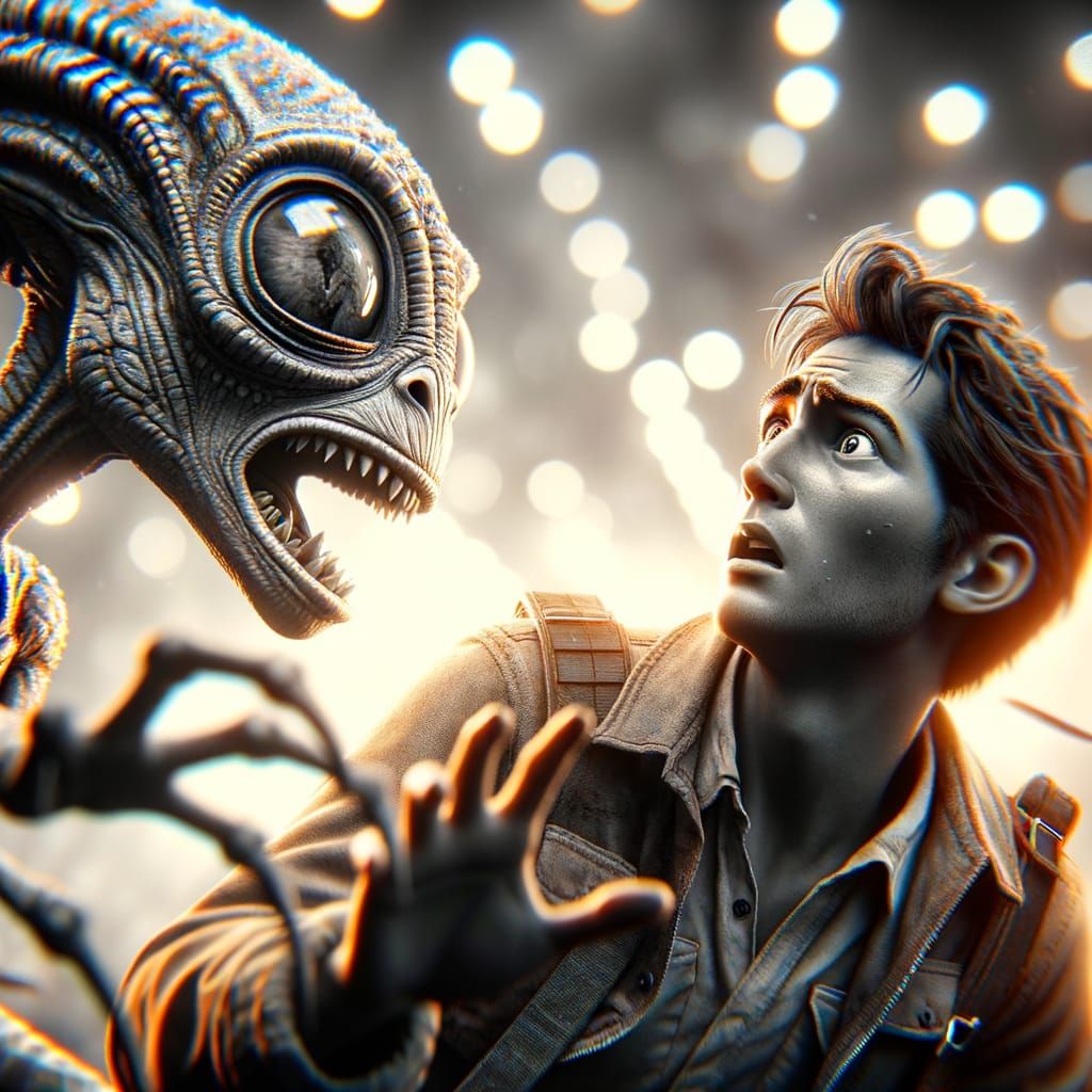Startled Adventurer's Unexpected Alien Encounter