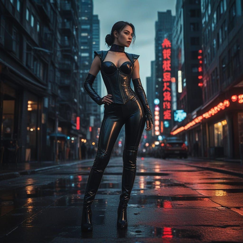 Cyberpunk Woman in Neon Cityscape