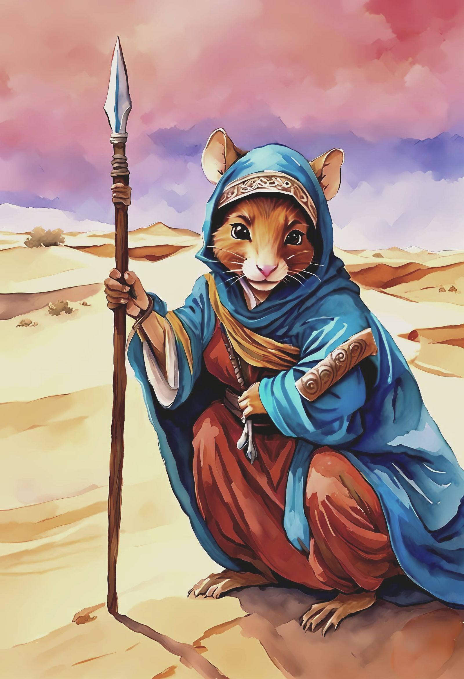 Ratfolk Alchemist in Desert, Watercolor Redwall Style