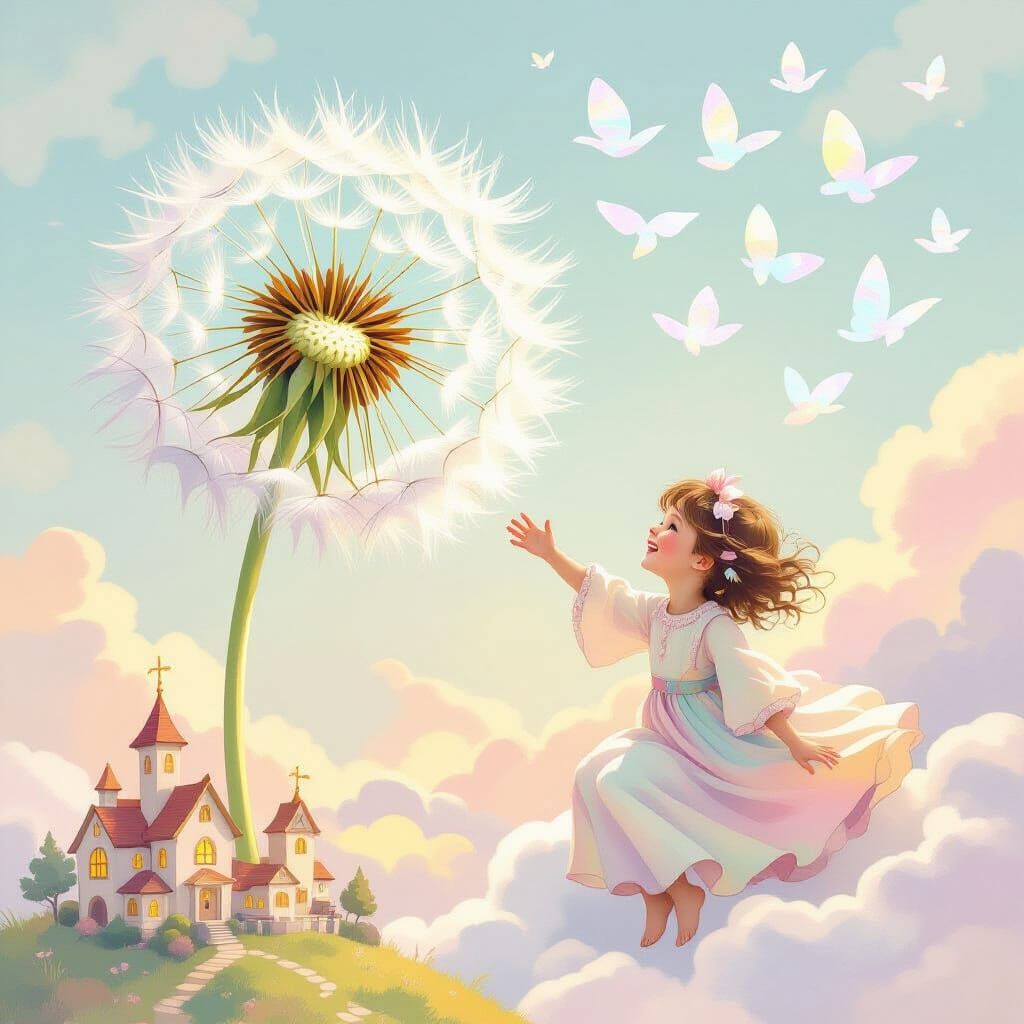 Child Rides Giant Dandelion Seed Through Pastel Sky