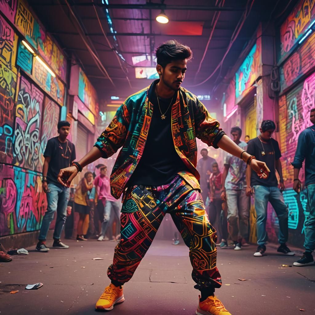Indian Streetwear Dancer in Neon Lit Urban Scene