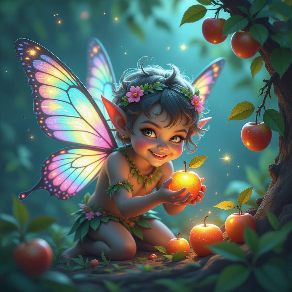 Mischievous Imp Steals Glowing Fruit in Celestial Orchard