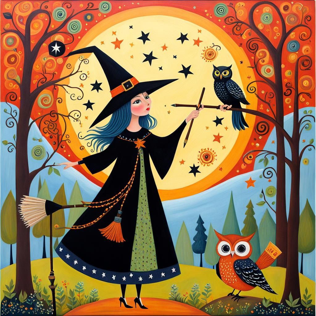 Whimsical Witch and Owl Casting Spells in Folk Art Style