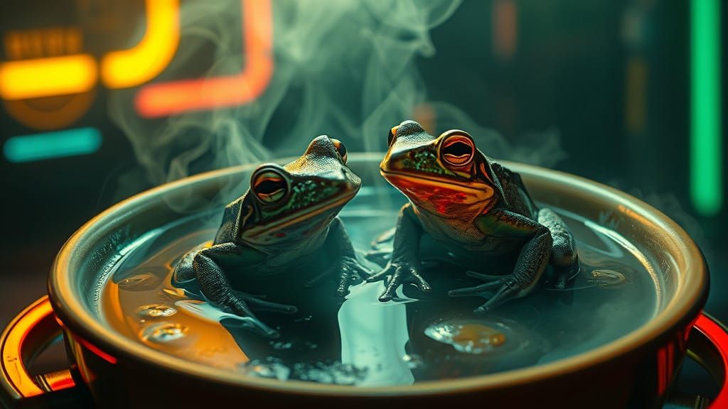 Toad and Rainfrog in Neon Cyberpunk Soup Bowl