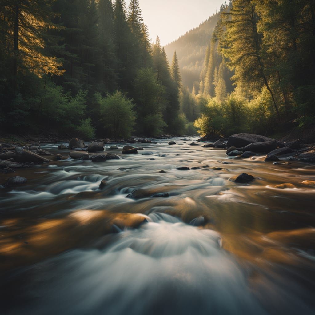Golden Hour River Flowing Through Forest