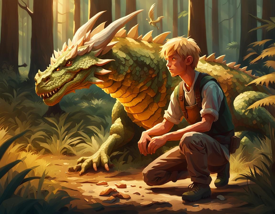 Fantasy Farm Boy Cares for Wounded Dragon