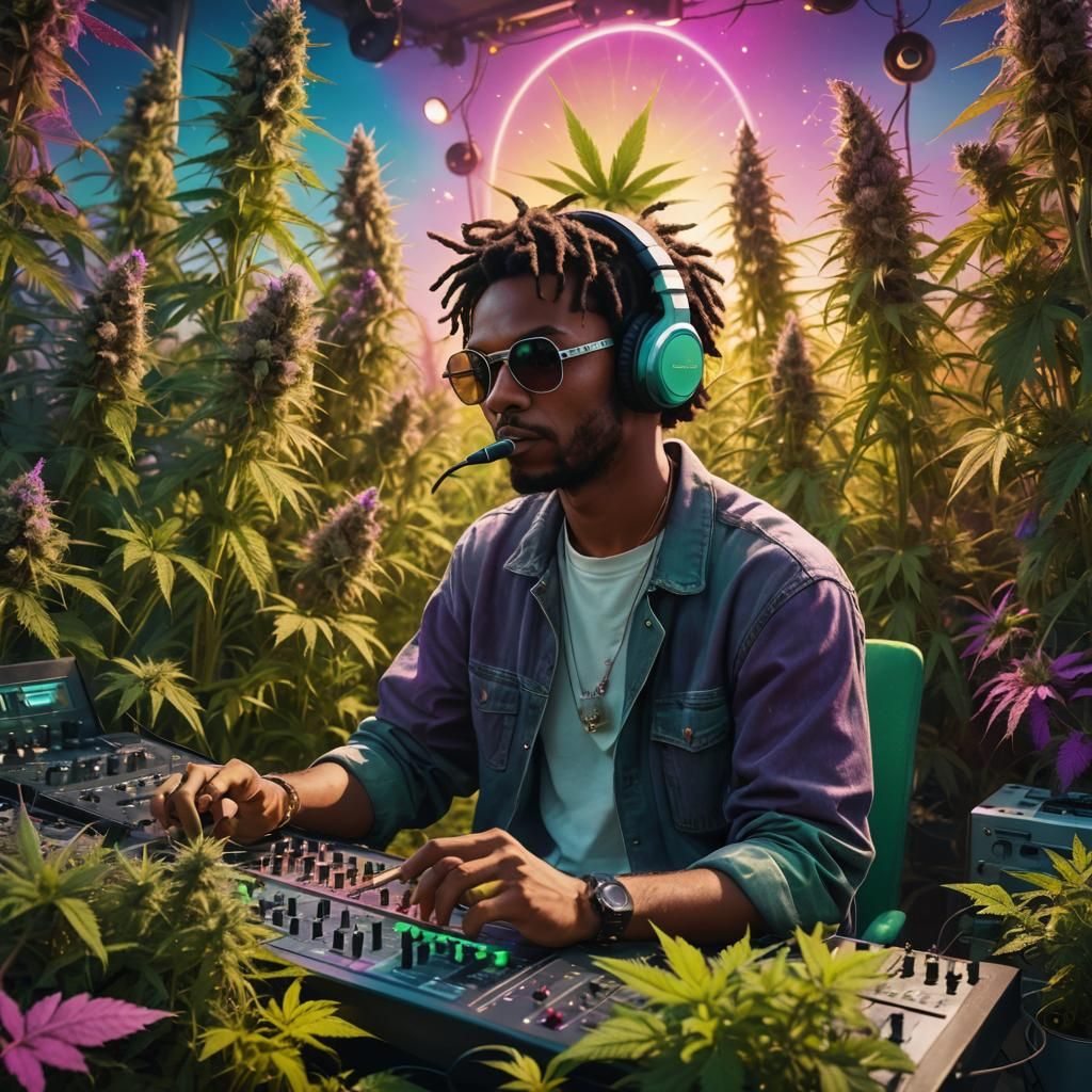 Music Producer's Marijuana Field Studio: Vibrant Digital Art