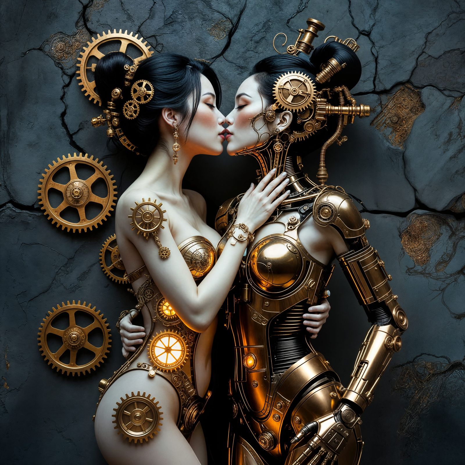 Steampunk Elegance: Abstract Figures in Clockwork Embrace