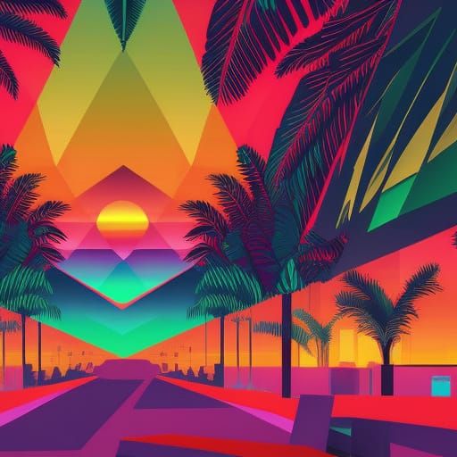 Vaporwave Skull with Sunset Palms in Vector Art