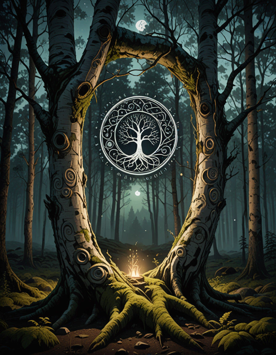 Enchanted Birch Tree Illuminated by Crescent Moonlight