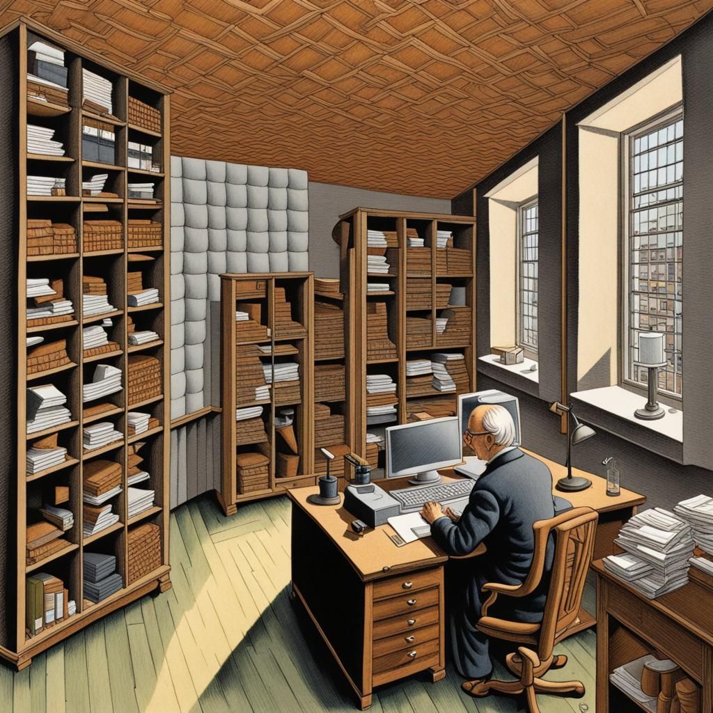 Colorful Office Scene Inspired by Gödel, Escher, Bach