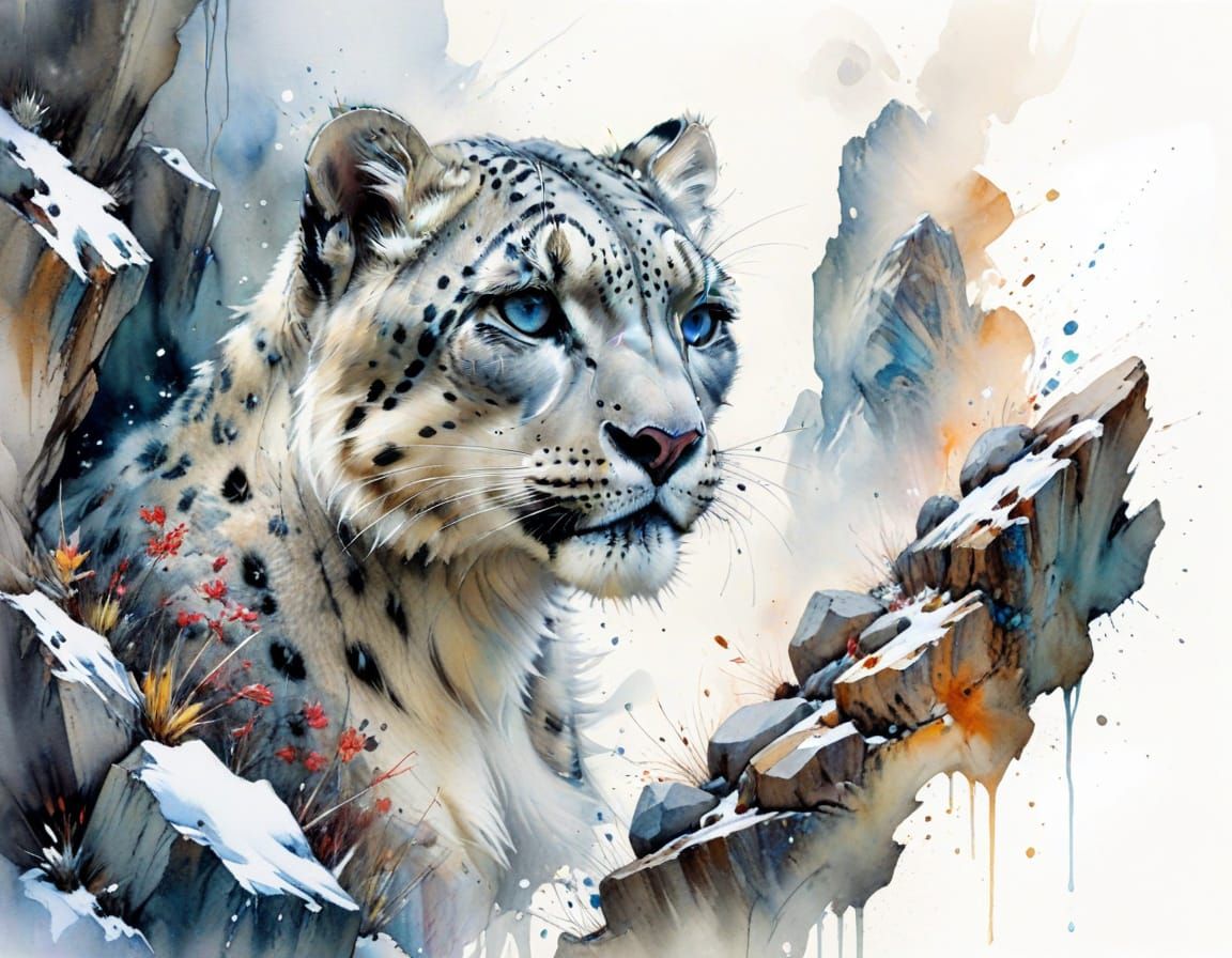 Snow Leopard in Rocks: Expressive Watercolor Art