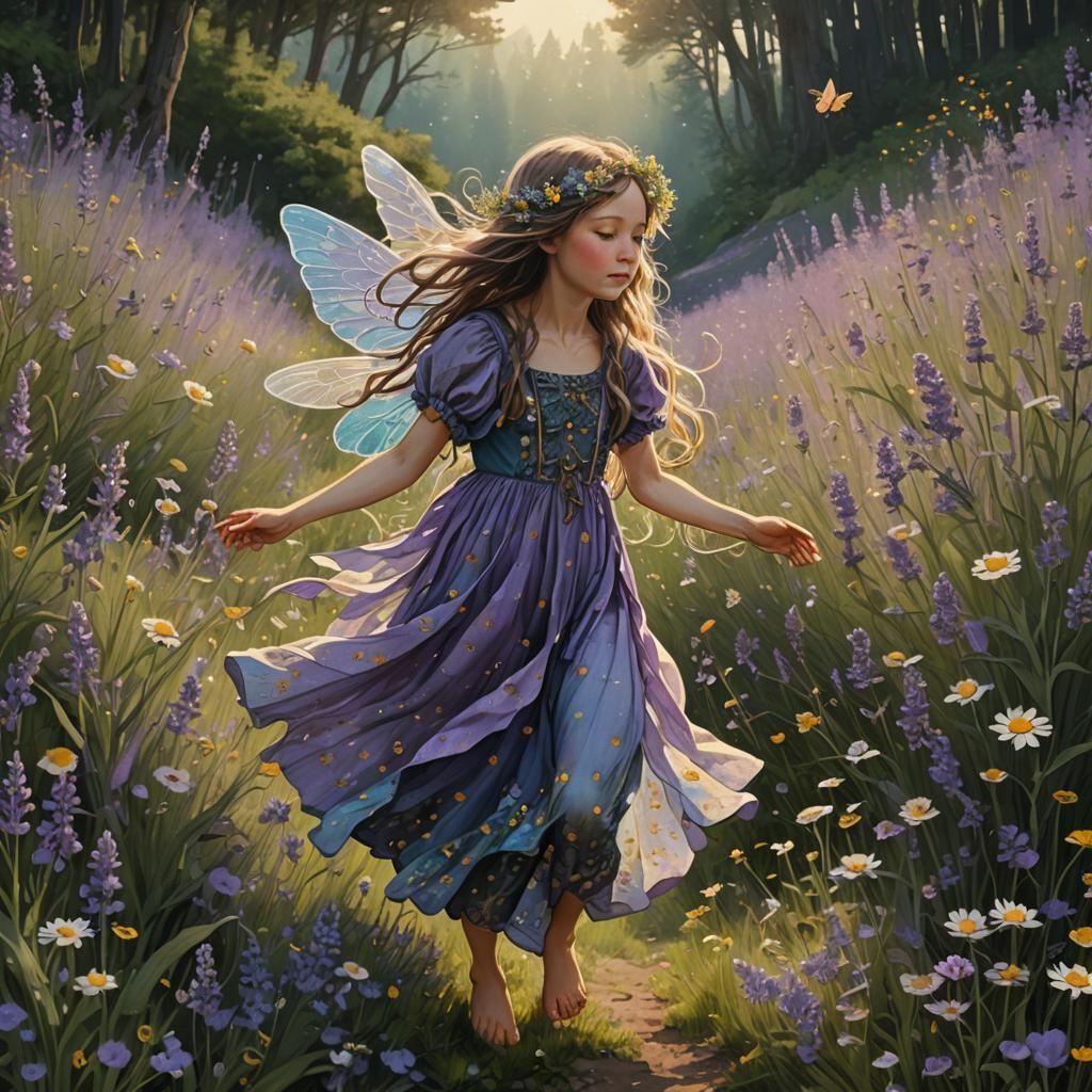 Fairy Child Frolicking in Sun-Dappled Meadow