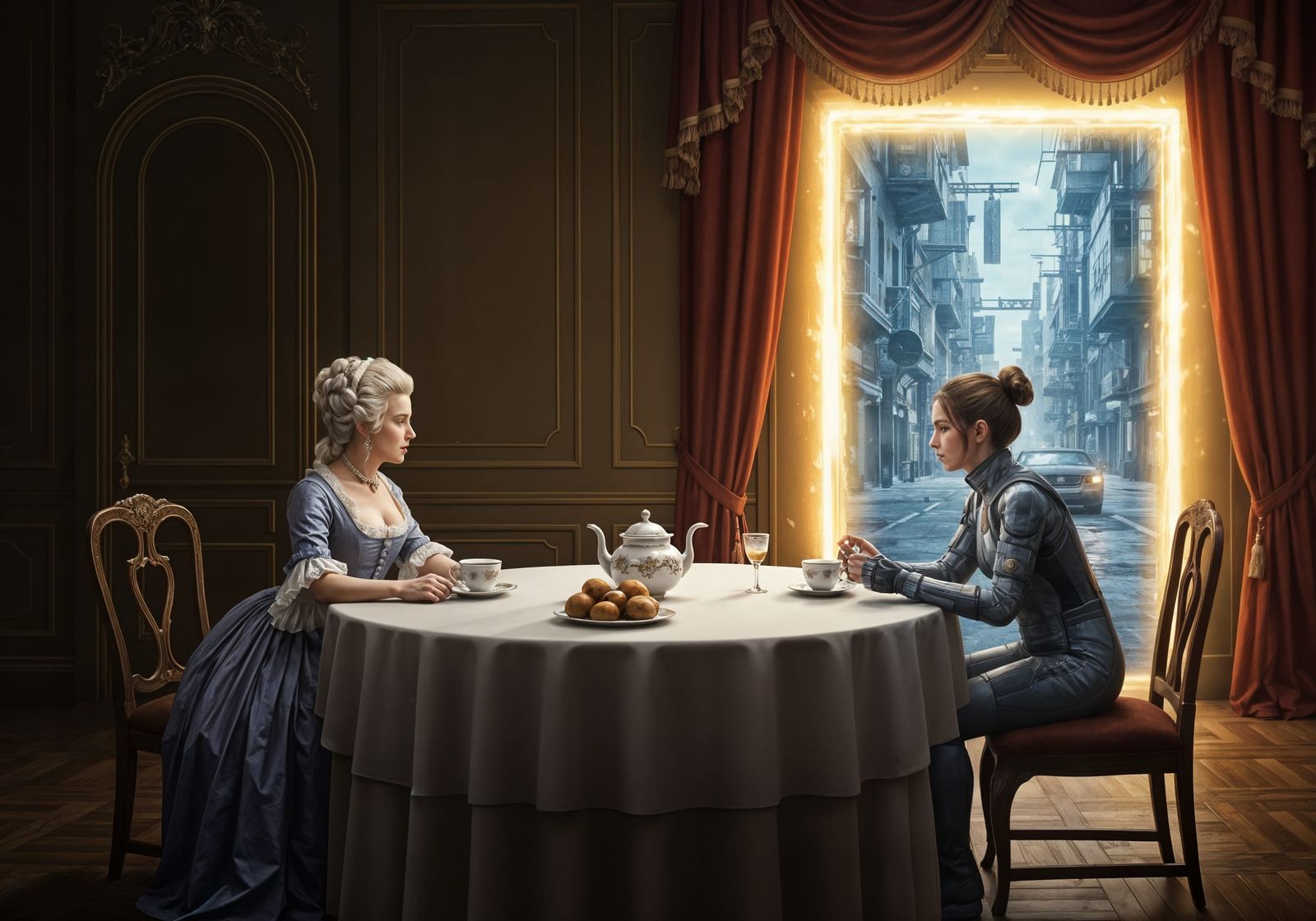 Timeless Tea: 18th Century Meets Futuristic City