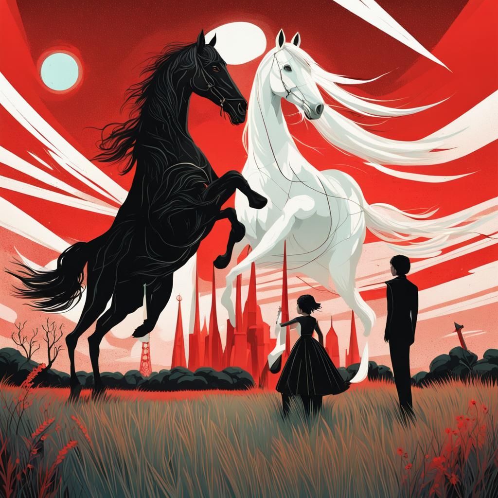 Boy and Girl on Horses with Obelisk in Retrofuturism