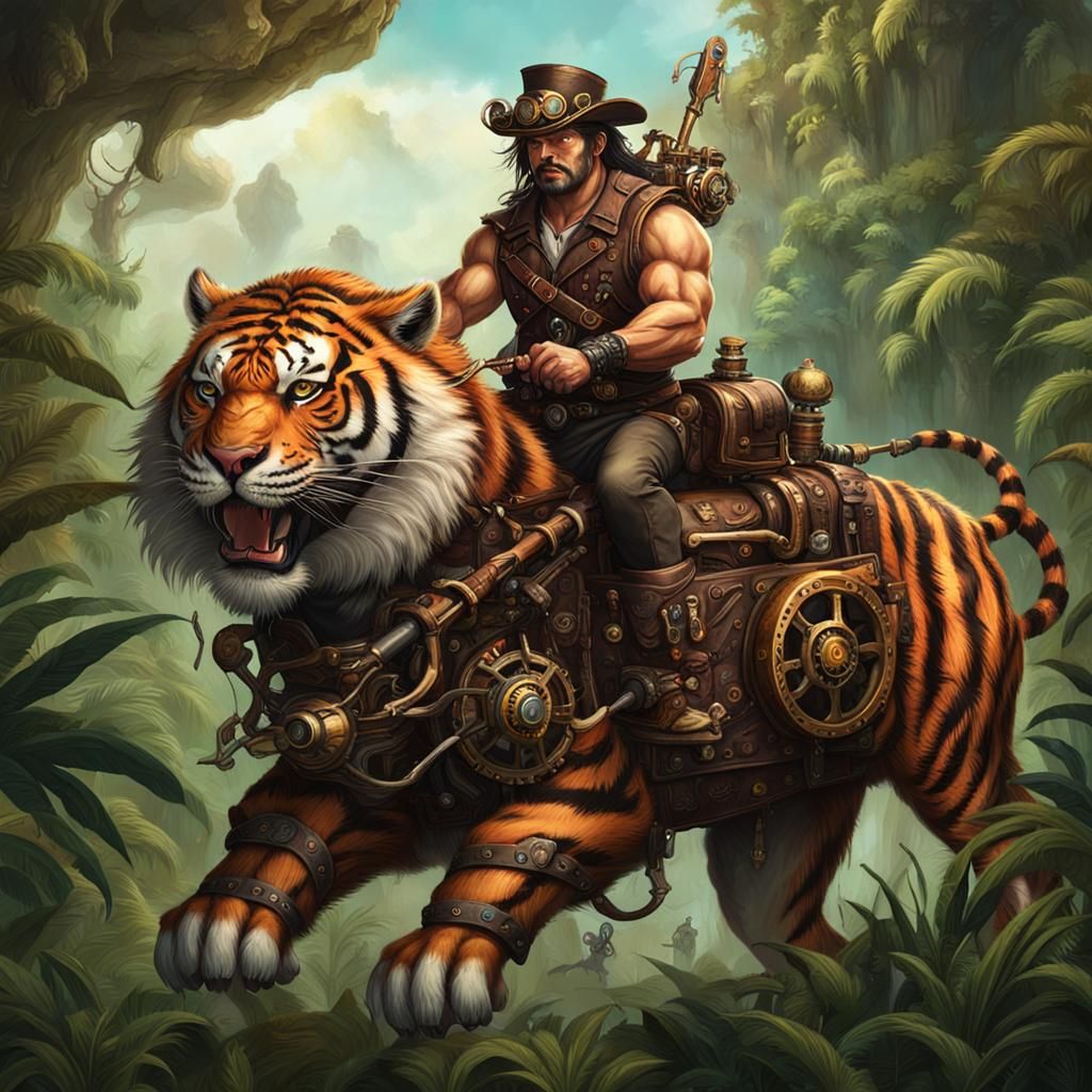 Steampunk Barbarian Riding a Tiger in Jungle