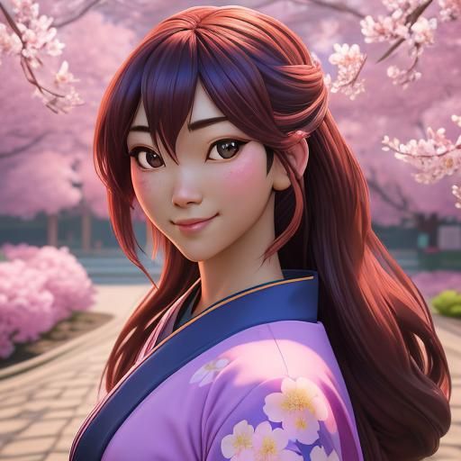 Anime Woman Surrounded by Cherry Blossoms in 3D