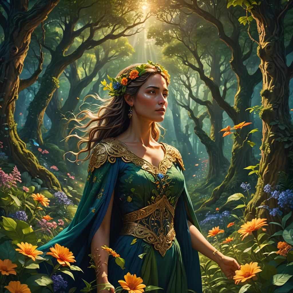 Mother Nature in Lush Forest: Fantasy Illustration