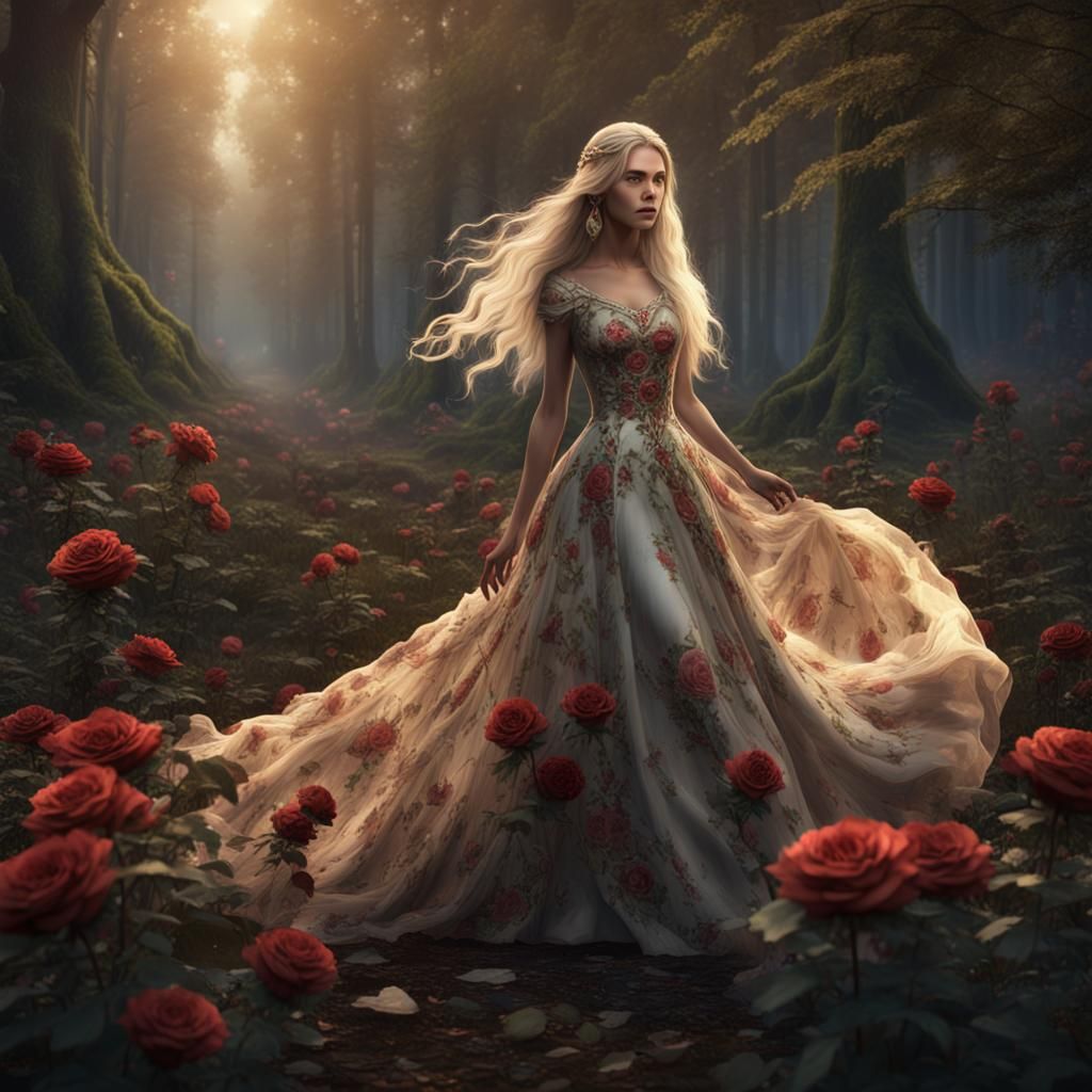 Blonde Woman in Rose Dress in Enchanted Forest