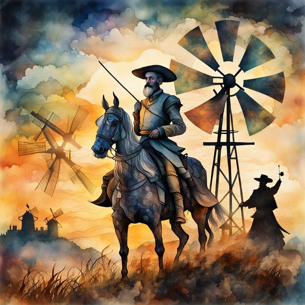 Don Quixote Double Exposure Portrait in Watercolor