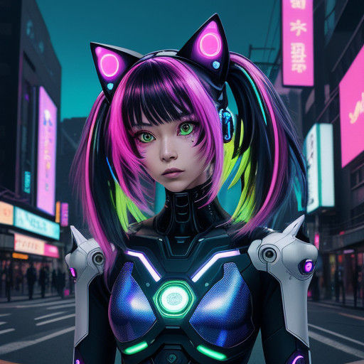 Cyberpunk Robot Cat Girl in Neon Lights
