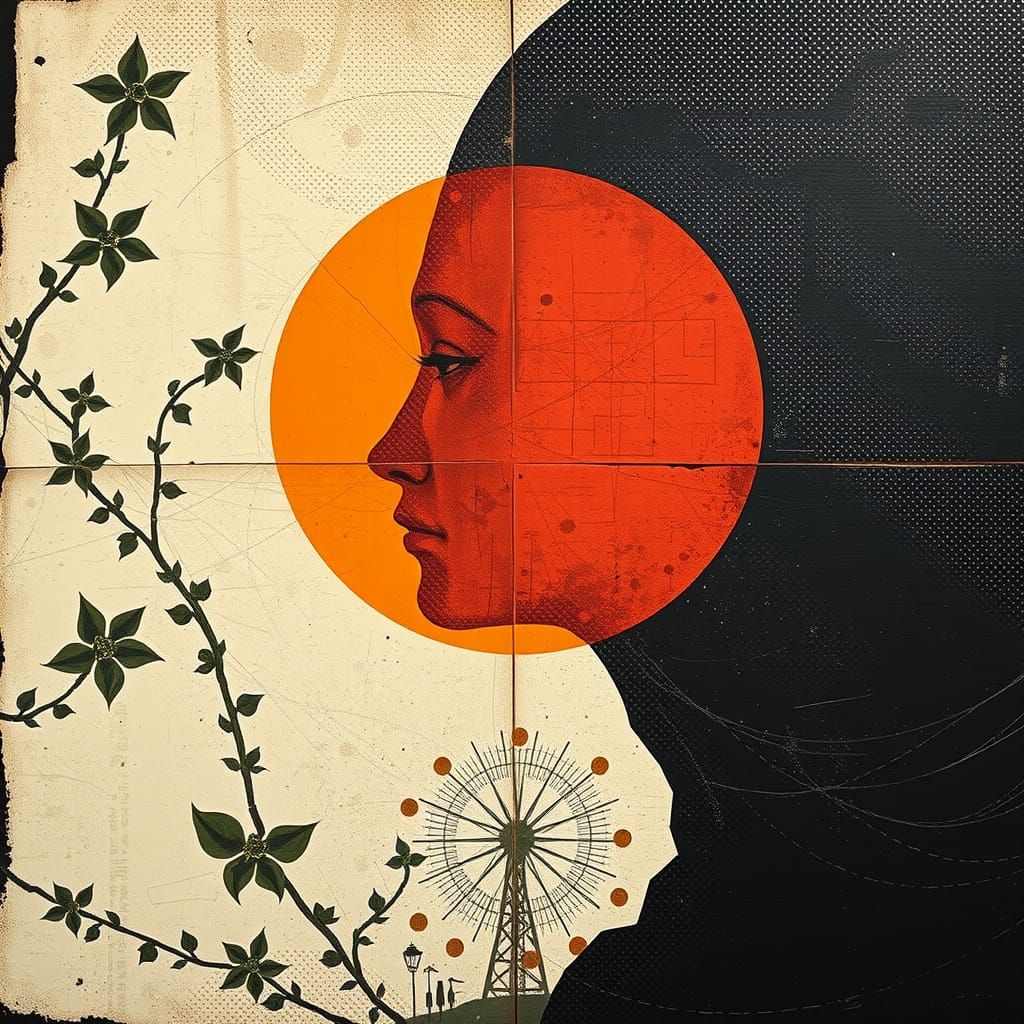 Sun Profile Memento Mori in Mixed Media Collage