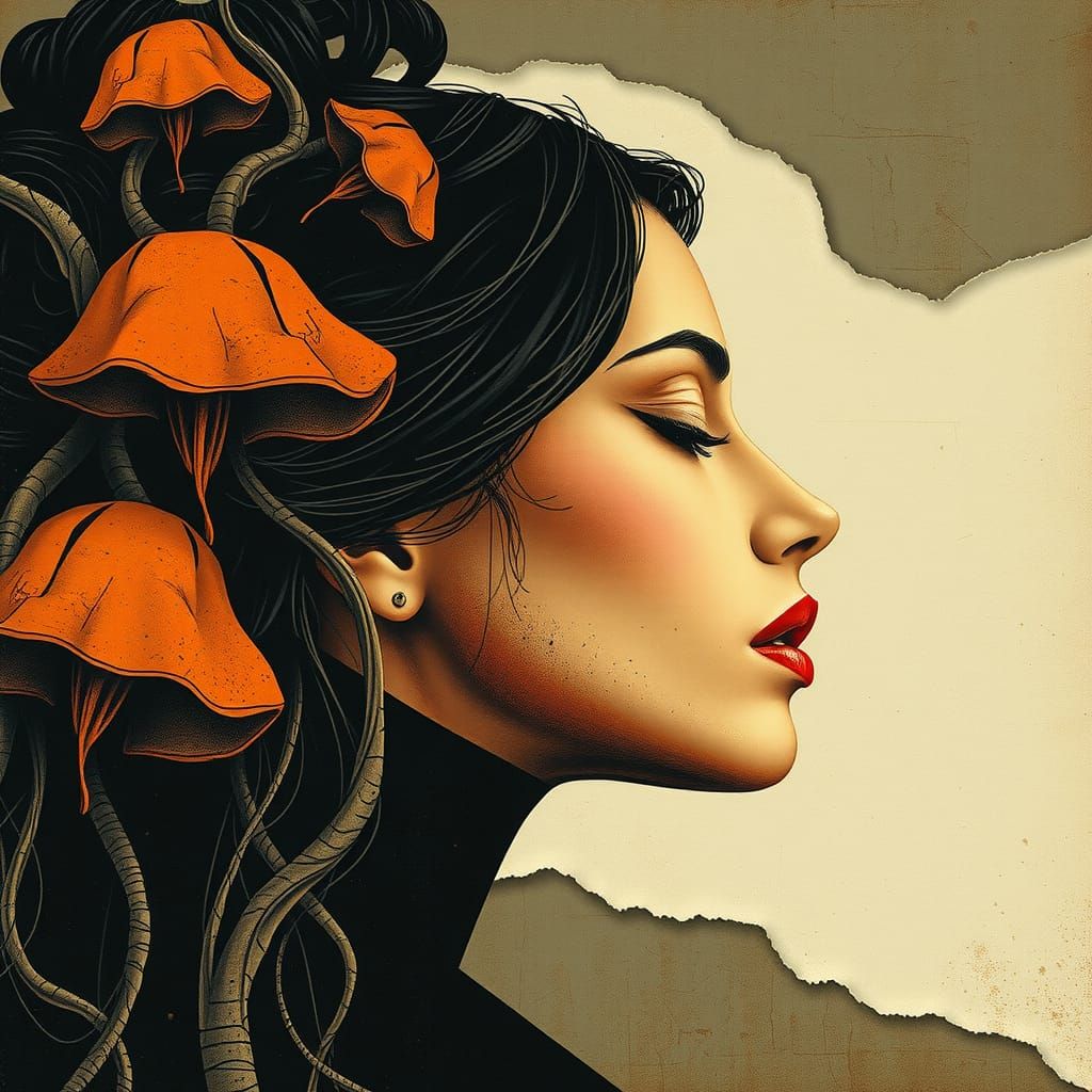 Serene Woman in Surreal Mixed Media Collage