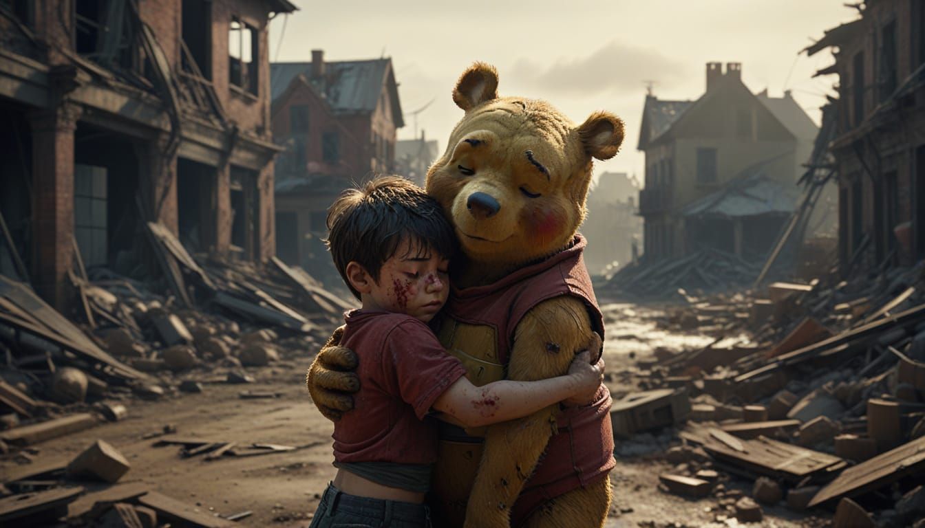 War-Torn Pooh Cradles Child in Desolate Landscape
