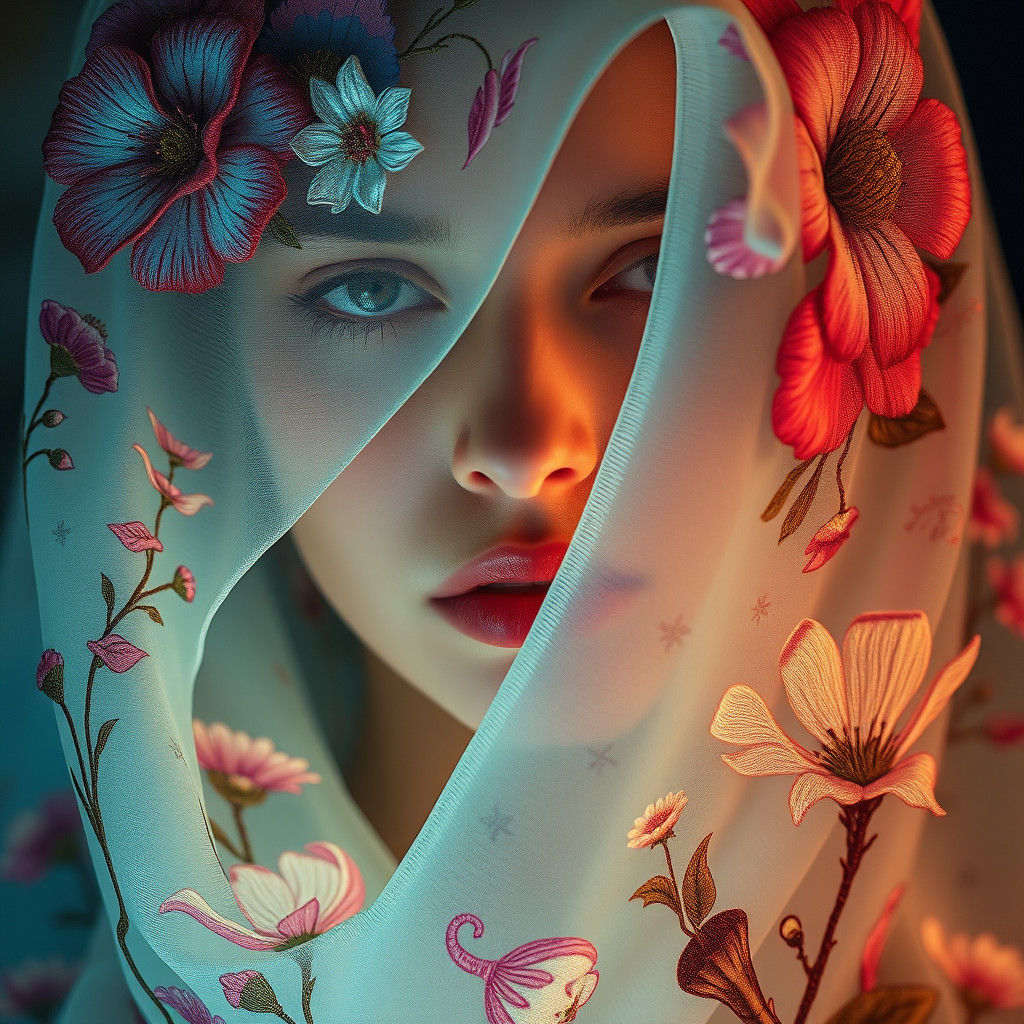 A woman shrouded in mystery, her features softly illuminated by whispers of luminescent light, as if radiating from with...