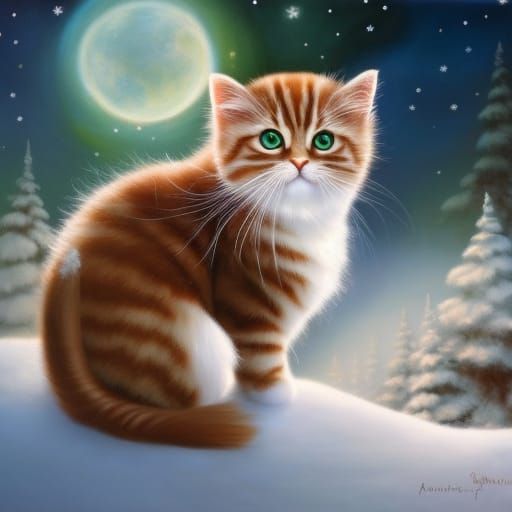 Adorable Rainbow Kitten in Snowy Christmas Scene