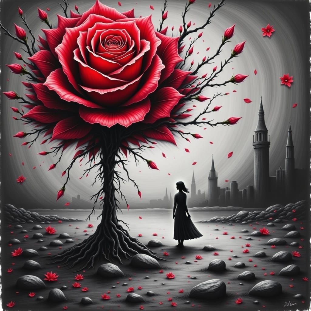 <lora:Graphite Rose 1:1.0> red rose tree stands out as her e...