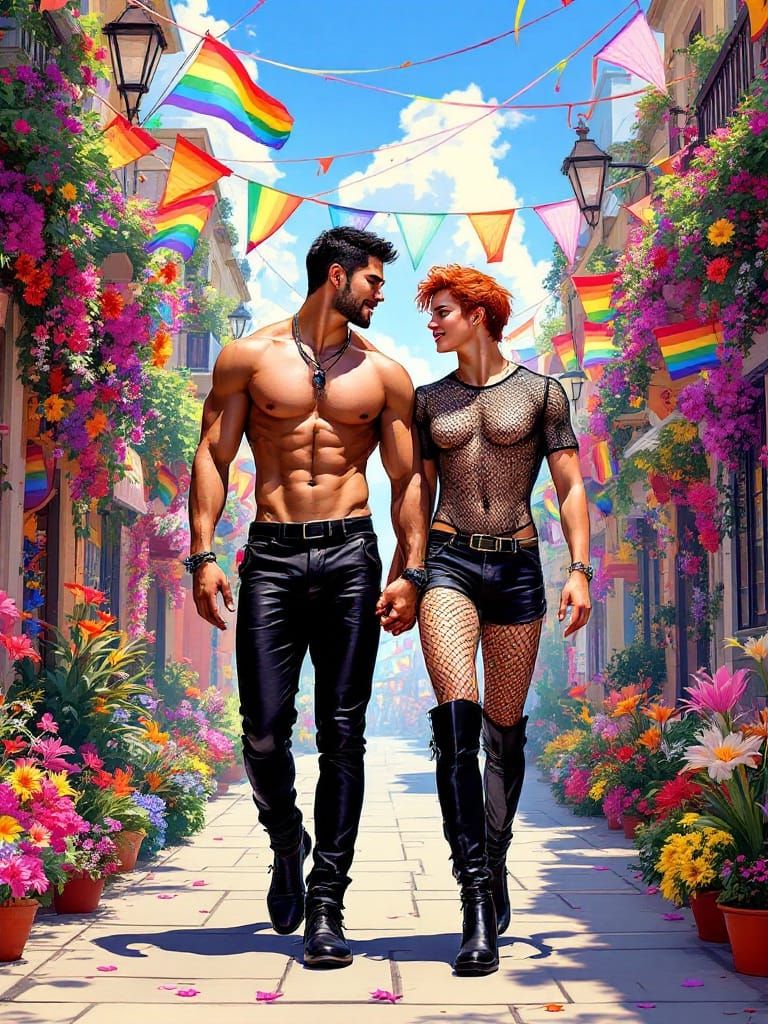 Vibrant Pride Parade Scene with Two Lovers