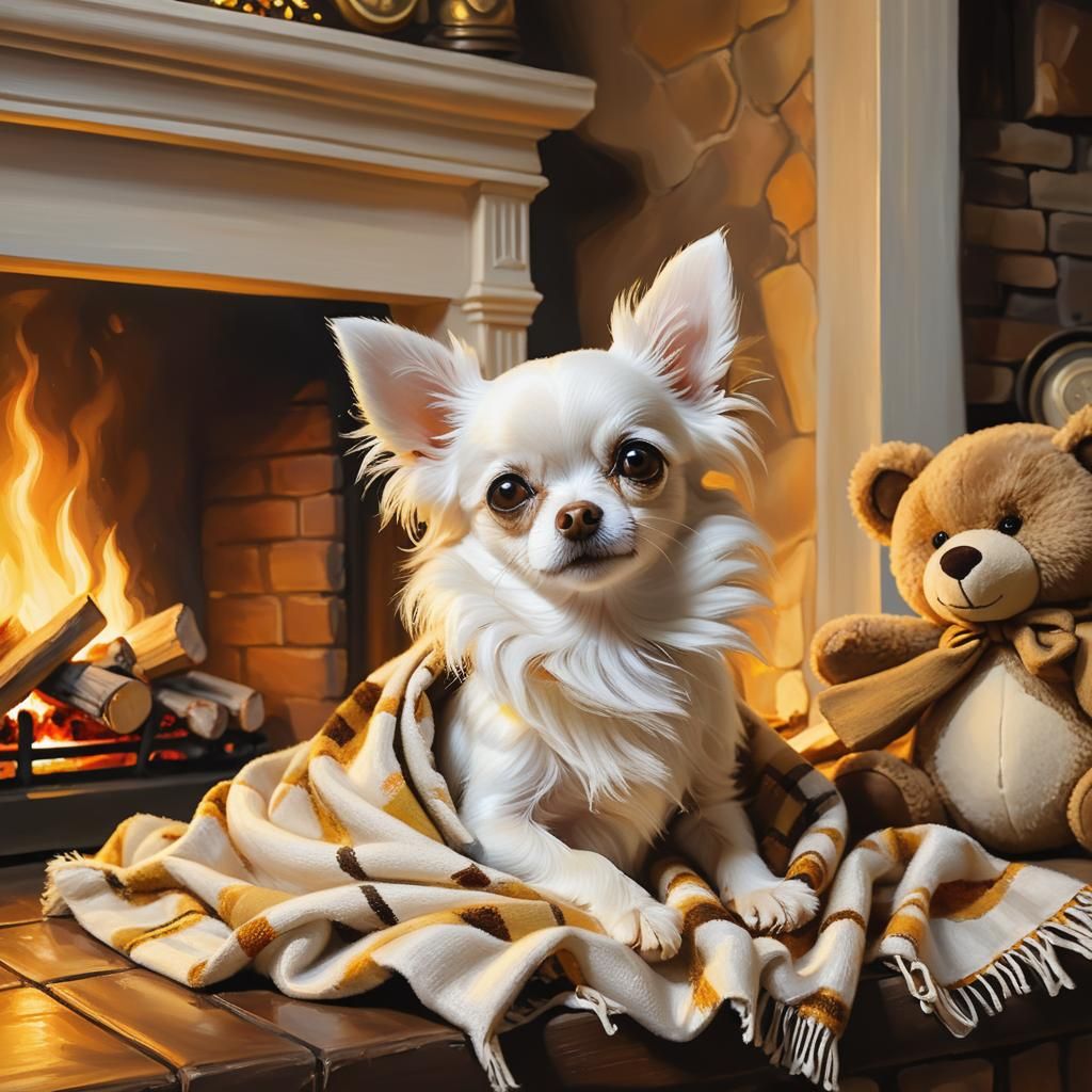 Chihuahua's Cozy Fireplace Moment as Oil Painting