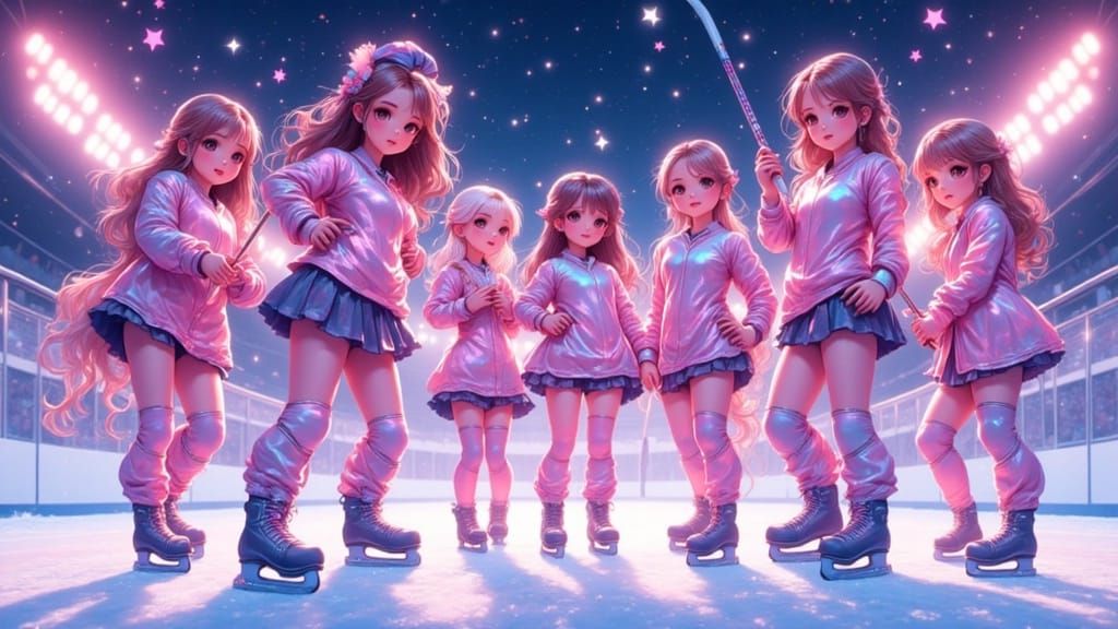 Vibrant Anime Girls in Shimmering Pink Ice Hockey Gear