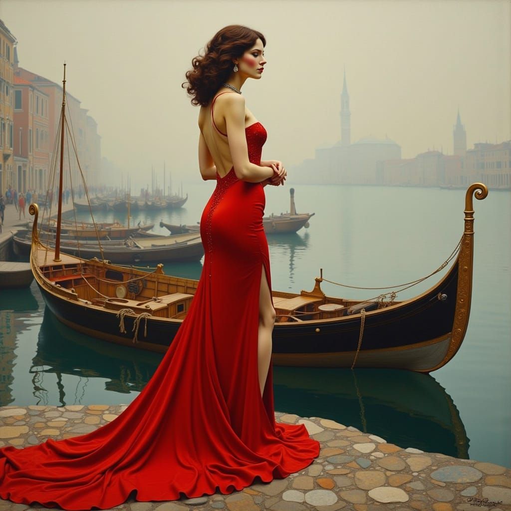 Marina in Venetian Port, Art Nouveau Style