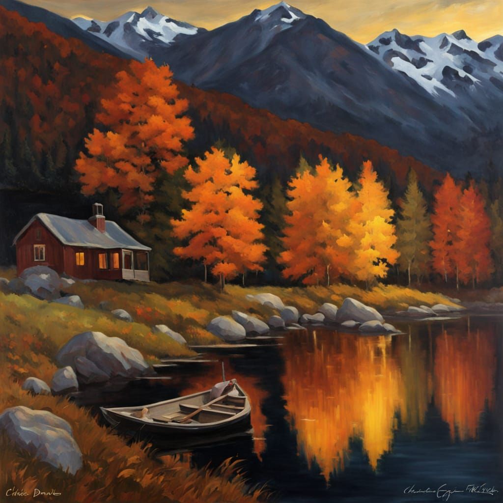 Autumn Lakeside Home at Night in Vermont Mountains Oil Paint...