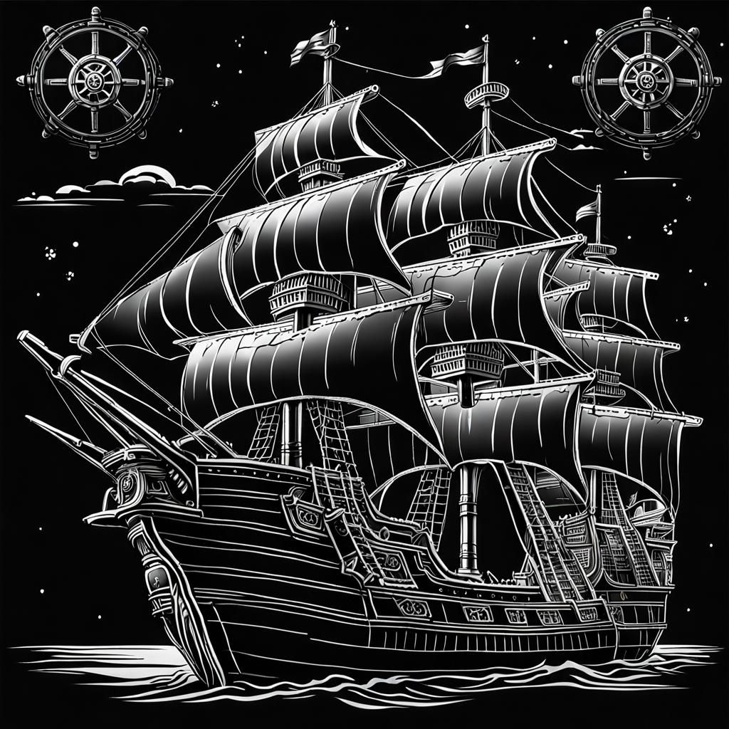 Detailed Pirate Ship Side View on Black