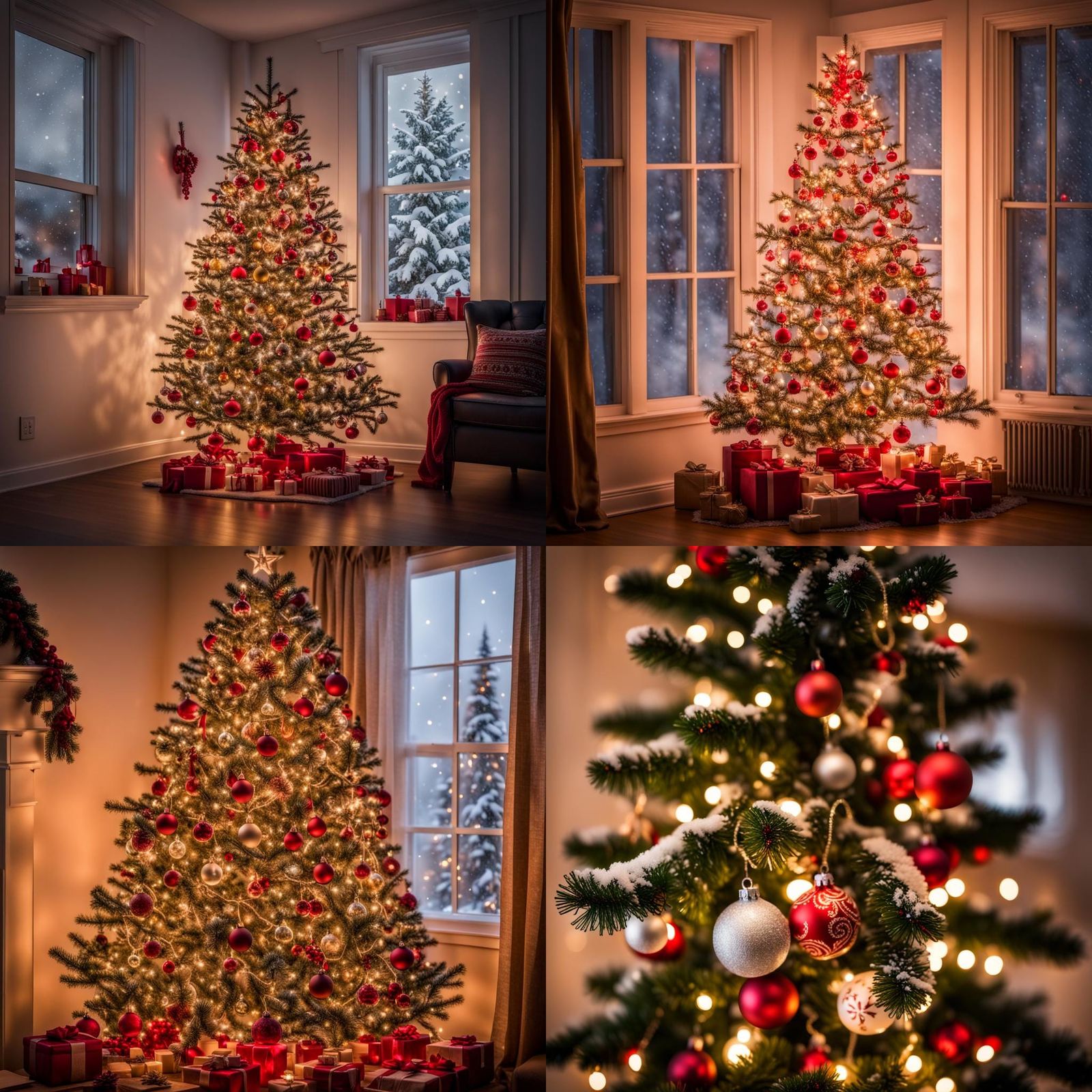 Christmas Tree with Red Ornaments in Winter Snowfall